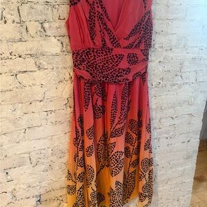 Sleeveless Pink to Orange Ombre Midi Dress with Black Spot Print
